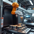 A photo of an automated robotic arm loading a CNC machine with metal workpieces in an advanced machining workshop
