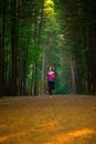 Photo from back of sports woman running through park among trees on summer.