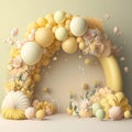 Photo background flower arch, light tone, springs, pastel yellow color, balloon garland