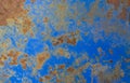 photo background, texture of old rusty iron, worn peeling paint blue. space for text