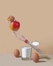 Photo balance. concept - ingredients for cooking apple pie. Flour, eggs, sugar Royalty Free Stock Photo