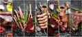 Photo banner. Photo collage, barbecue, raw steaks and meat. On a black stone background