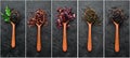 Photo banner. Collage photo of dry tea in spoons. Royalty Free Stock Photo