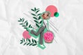 Photo banner creative collage illustration of headless charming woman carry basket fresh flowers camel animal 