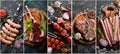 Photo banner. Photo collage, barbecue, raw steaks and meat. Royalty Free Stock Photo