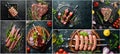 Photo banner. Photo collage, barbecue, raw steaks and meat. Royalty Free Stock Photo