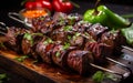 Photo barbecue beef kebabs with green pepper Generative AI