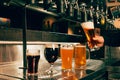 Photo of bartender pouring light, cold beer from tap into glass at bar with multiple beer dispensers. Serving craft beer Royalty Free Stock Photo