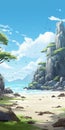 Anime-inspired Beach Landscape With Tall Trees And Rocks Royalty Free Stock Photo