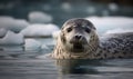 photo of bearded seal as it lounges of the edge of an ice floe in the Arctic. The seal is a large round-bodied creature with a