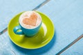 Photo of beautiful blue cup of coffee on the wonderful blue wood Royalty Free Stock Photo