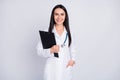 Photo of beautiful cheerful professional practitioner intern lady good mood hold patient papers medical prescriptions