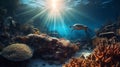 beautiful coral reef and sun ray with ocean turtle ai generated Royalty Free Stock Photo