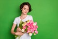 Photo of beautiful cute lady wavy short hairdo hold large big tulips surprise bunch present secret admirer delivery