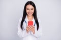 Photo of beautiful doc lady hold smart phone telephone read online prescription network website innovation wear