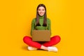 Photo of beautiful lady sitting floor holding notebook watching online lecture writing creative composition writer Royalty Free Stock Photo