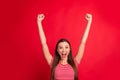 Photo of beautiful nice cute charming trendy pretty woman excited with something she has won wearing striped t-shirt