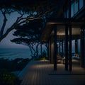 Ai generated a beautiful oceanfront house illuminated at night with a stunning view of the sea Royalty Free Stock Photo