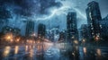 Photo of beautiful powerful lightning over big city, zipper and thunderstorm, abstract background, dark blue sky with Royalty Free Stock Photo