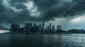 Photo of beautiful powerful lightning over big city, zipper and thunderstorm, abstract background, dark blue sky with Royalty Free Stock Photo