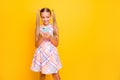 Photo of beautiful small lady hold telephone young influencer write new post for own popular modern blog wear checkered Royalty Free Stock Photo