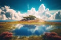 beautiful small lake landscape with tree and blue sky ai generated Royalty Free Stock Photo