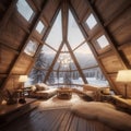 Photo of the beautiful, stylish, lightful and cosy indoor interior of triangular house glamping resort in winter snow forest Royalty Free Stock Photo