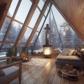 Photo of the beautiful, stylish, lightful and cosy indoor interior of triangular house glamping resort in winter snow forest Royalty Free Stock Photo