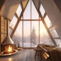 Photo of the beautiful, stylish, lightful and cosy indoor interior of triangular house glamping resort in winter snow forest Royalty Free Stock Photo