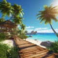 Photo of beautiful sunny paradise resort landscape with turquoise ocean sea, sun, sand beach and palm trees Royalty Free Stock Photo