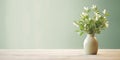 photo of beautiful white daphne flowers in green sage vase generative AI Royalty Free Stock Photo