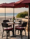 Photo Of Beautiful Wine Shop Table Chairs On Beach. Generative AI Royalty Free Stock Photo