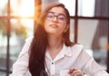 Portrait woman in office, happiness and online research for small business administration. Royalty Free Stock Photo