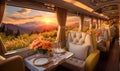 Photo of a beautifully decorated dining car on a train with vibrant sunflowers in elegant vases
