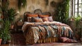 A photo bedroom with a whimsical and bohemian feel, emphasizing the layering of textures, patterns, and colors. Side view Royalty Free Stock Photo