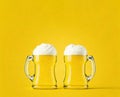 Photo of beer day event with mug of brew beer,copy space text and yellow background , Ai generated