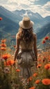 photo from behind of adventurous traveler woman using hat standing in a field of orange flowers looking at the mountains\