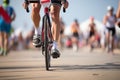 Photo of bicycle marathon and person legs. Generative AI