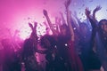 Photo of big group many classy girls falling confetti catch arms neon bright pink spotlight modern club indoors