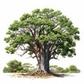 Hyper-realistic Baobab Tree Illustration With Green Leaves On White Background