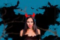 Photo billboard collage template of funny angry evil demon woman wearing red horns costume satan halloween isolated on