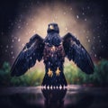 A photo of a black hawk bird standing in full, generative AI