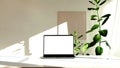 Photo of a black laptop on a white desk with a green plant Royalty Free Stock Photo