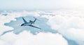 Photo of black luxury generic design private jet flying over the earth. Empty blue sky with white clouds at background Royalty Free Stock Photo