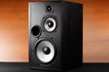 Photo of black music audio speaker. Close-up. Royalty Free Stock Photo