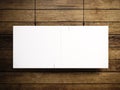 Photo of blank white canvas hanging on the wood background. 3d render