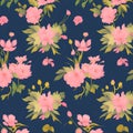 Ai generated blue background with pink flowers and green leaves