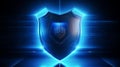 Photo of a blue glowing shield against a dark background
