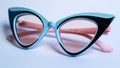 A photo of blue and pink retro cat eye sunglasses with black frames on a white background Royalty Free Stock Photo