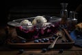 photo of blueberry cobbler in glass cake on tray